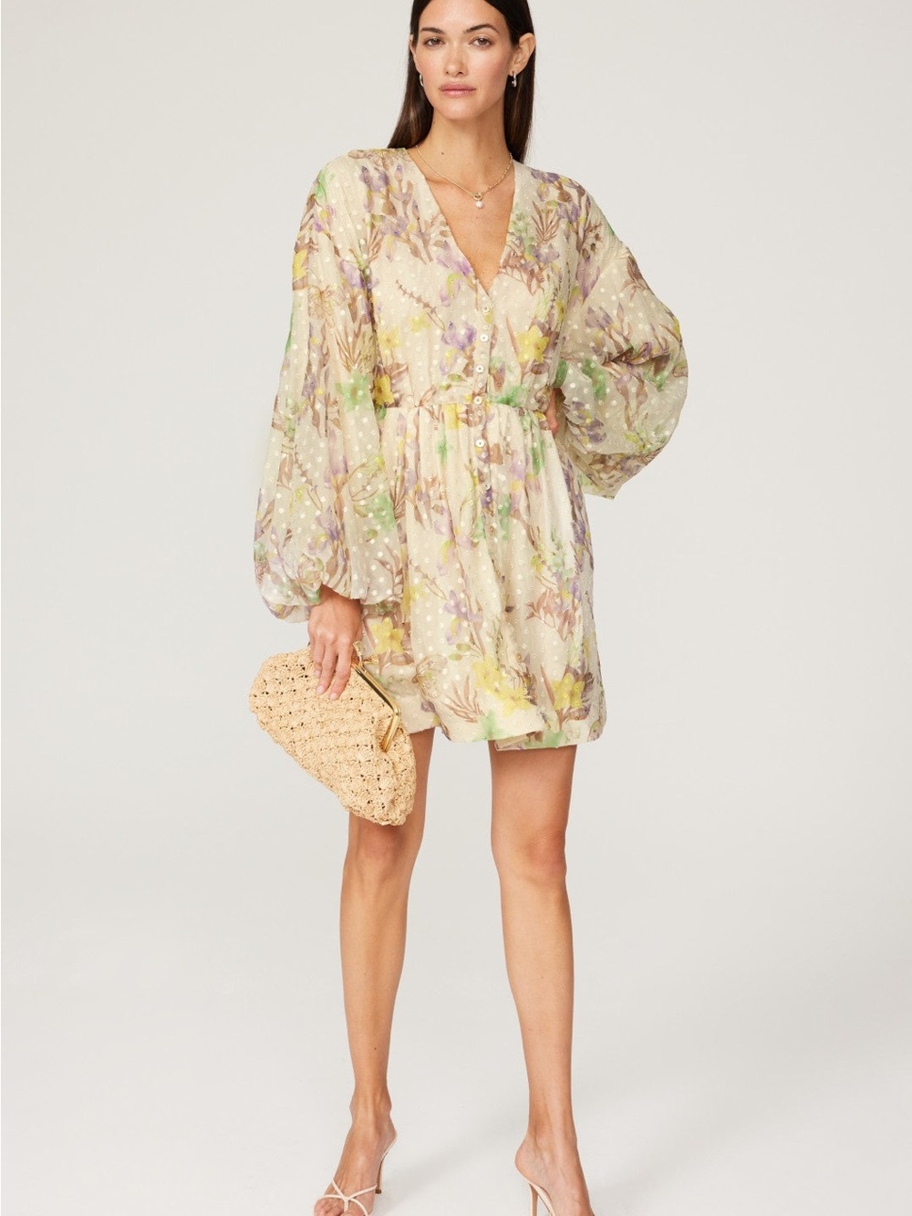 Alexis Cream Floral V-Neck Puff Sleeve Mini Dress